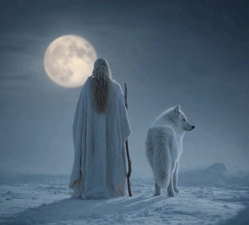 Frau im Pelzumhang mit weißem Wolf unter Vollmond im Schnee.