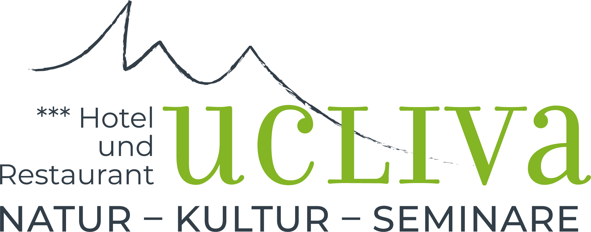 Logo von Hotel und Restaurant Ucliva mit Berg-Silhouette.