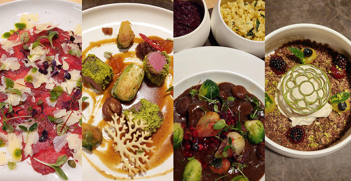 Collage von vier künstlerisch angerichteten Gourmet-Gerichten eines Menüs.
